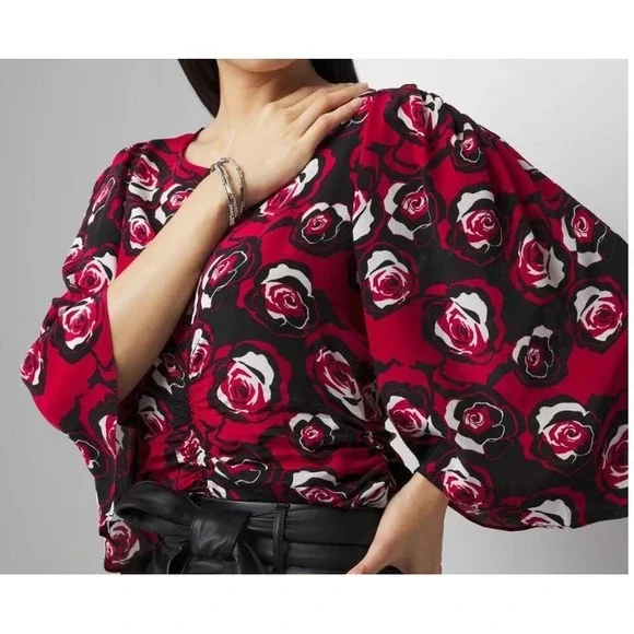 White House Black Market WHBM Women's 100% Viscose Rose Print Blouse - XS - Picture 2 of 4